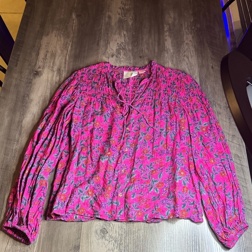 Maeve Calais Smocked Floral Peasant Blouse.